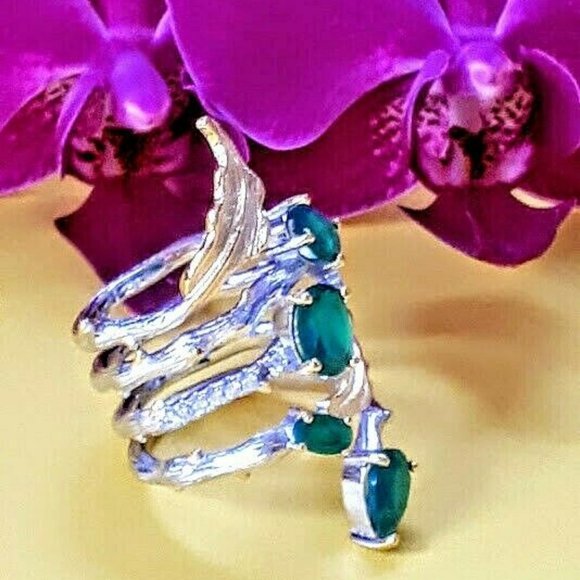 Beautiful Natural Green Agate Gemstone 925 Sterling Sliver Ring Sz 8 - Picture 7 of 7